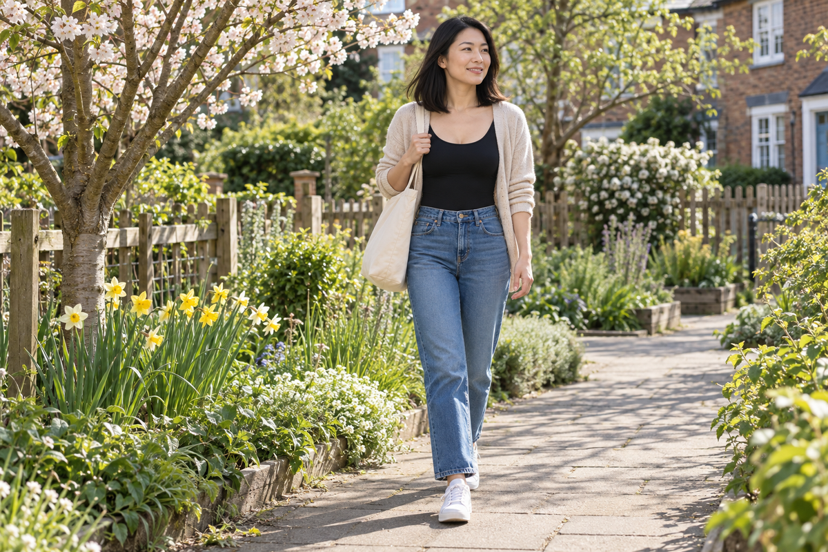 Black bodysuit with jeans and cardigan in spring