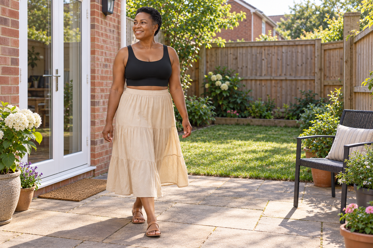 Black comfort bra with beige skirt in a private summer garden