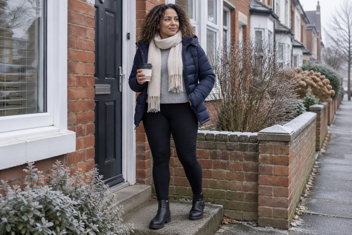 Black textured leggings with winter layers outside a home
