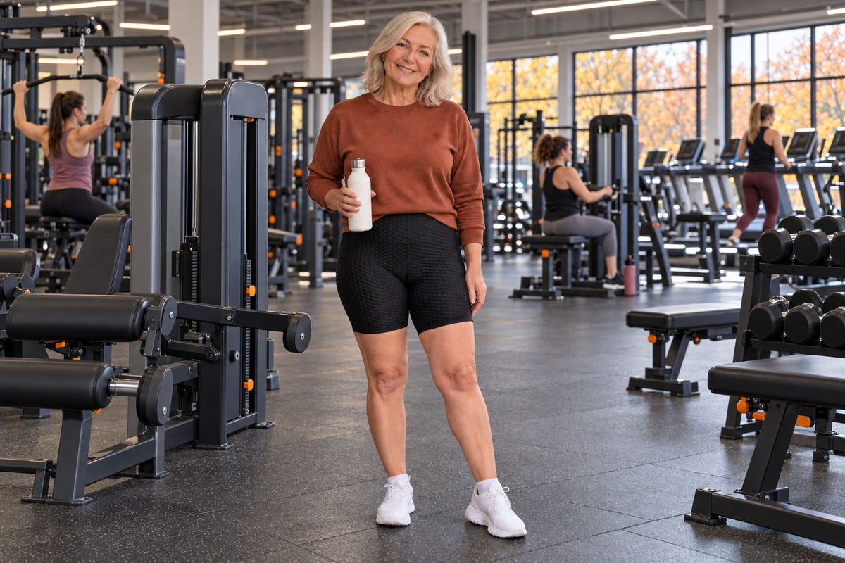 Woman wearing black textured shorts in a women's fitness gym in autumn