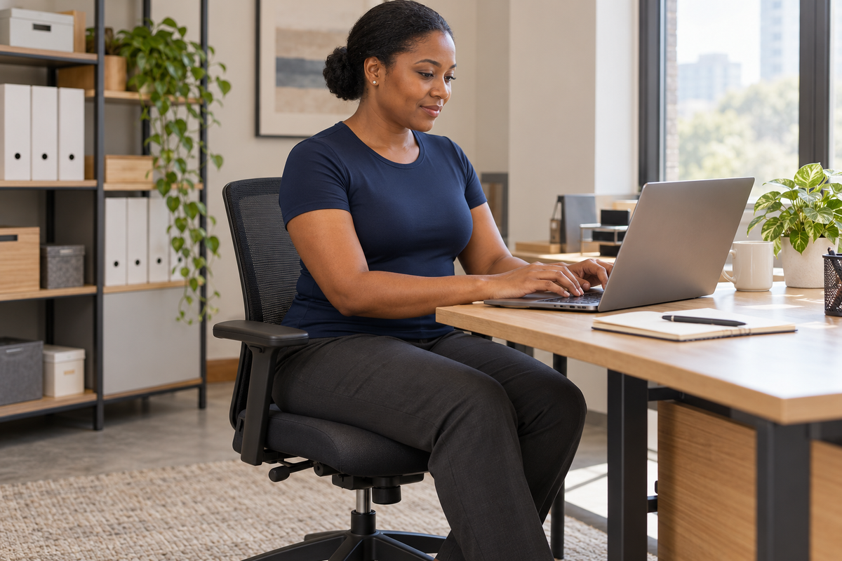 Woman wearing navy compression t-shirt while working at her office desk